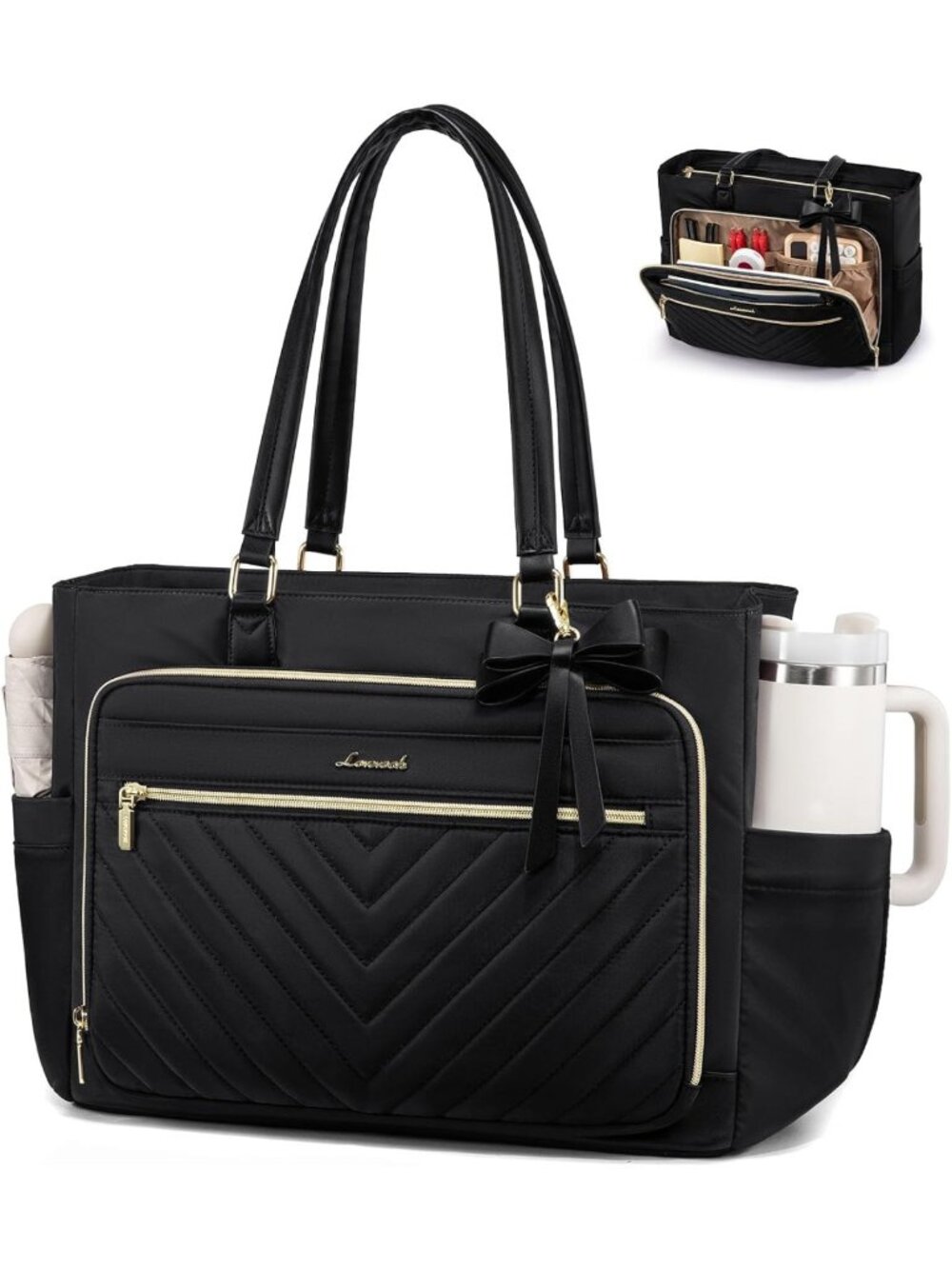 Stylish Laptop Tote Bag for Women | Quilted Work & Travel Bag with Cup Holder